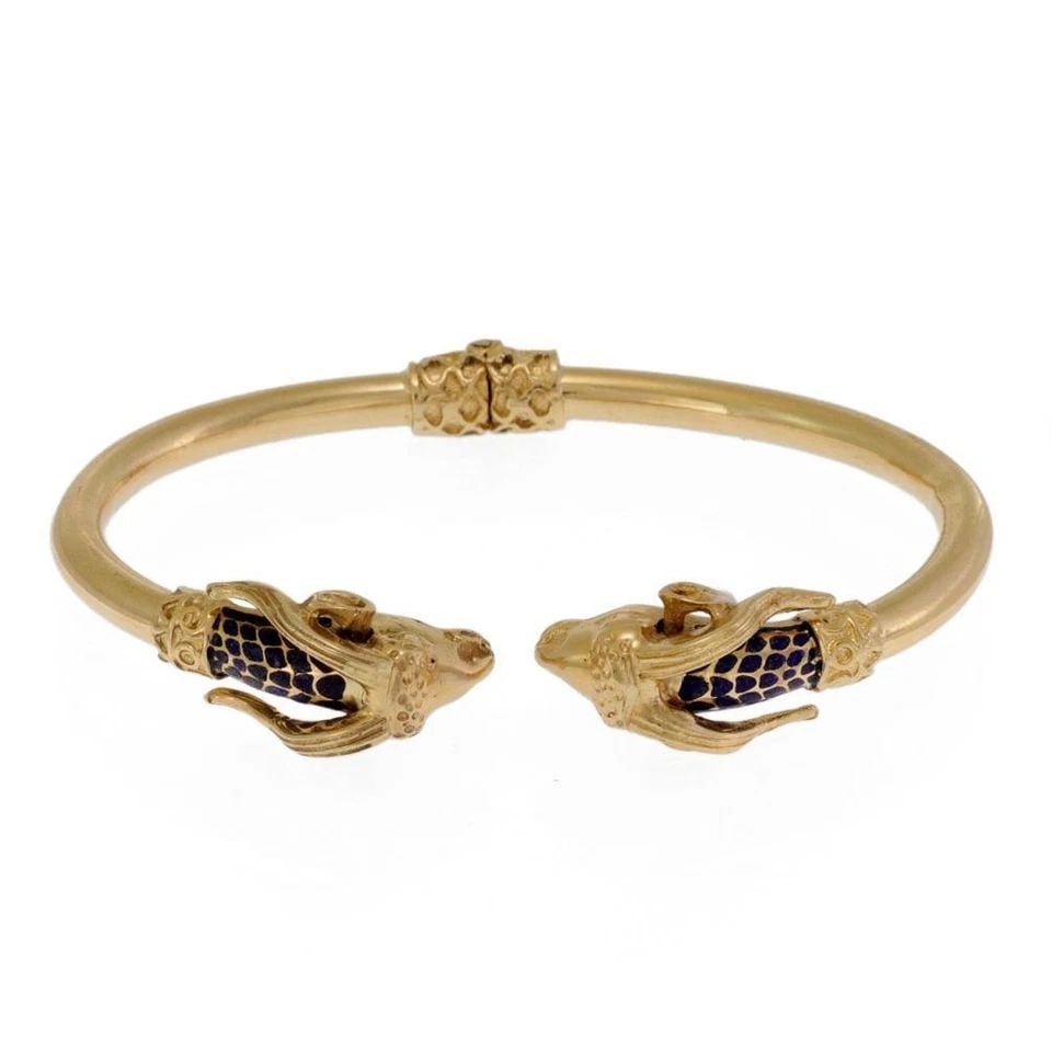 RAM'S HEAD CUFF BRACELET 14K YELLOW GOLD ENAMEL DOUBLE HEAD (1 of 2)