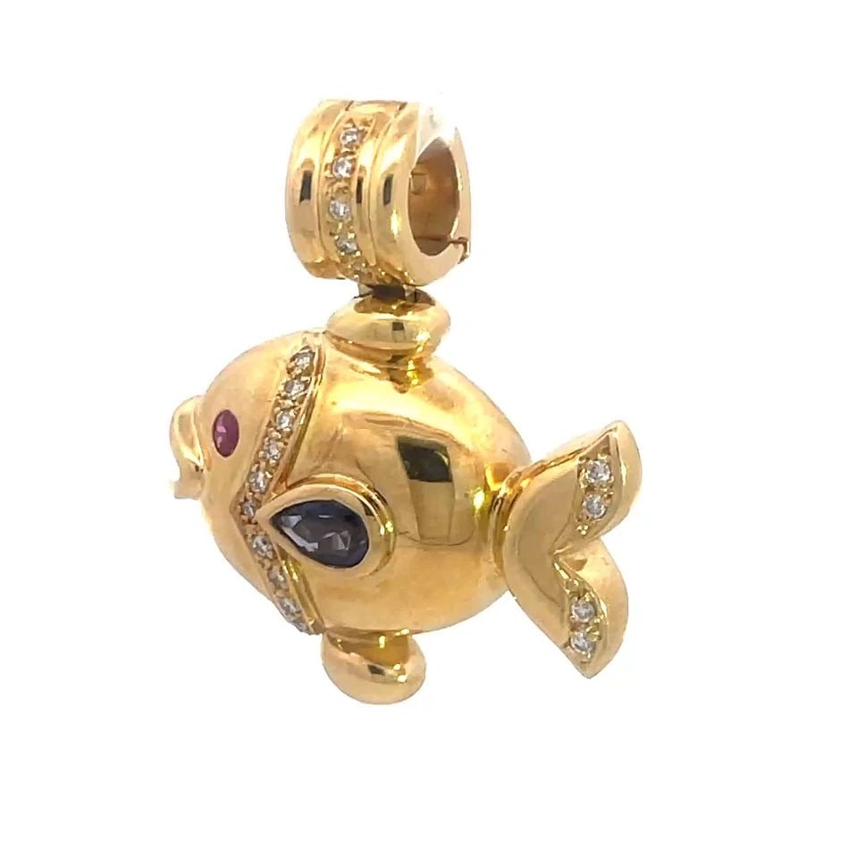 DIAMOND GOLD 3D LARGE FISH PENDANT GEMSTONE 18K YELLOW PUFFED STYLE 23 GRAMS: This adorable pendant is a stunning piece of fine jewelry featuring a natural white diamond as the main stone decorating the pendant crafted in 18k yellow gold with a pavé setting style, showcasing a