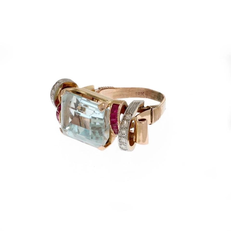 RETRO 12.60CT AQUAMARINE RUBY DIAMOND 18K ROSE GOLD FANCY RING (1 of 2)