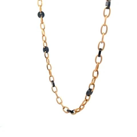 ONYX 18K NECKLACE GOLD CHAIN ROSE BUTTON OVAL LINK BY MAXIORO ITALY: ONYX 18K NECKLACE GOLD CHAIN ROSE BUTTON OVAL LINK BY MAXIORO ITALY This Maxioro Italian chain is crafted from 18k rose gold featuring oval links with flat button style black onyx attached between eve