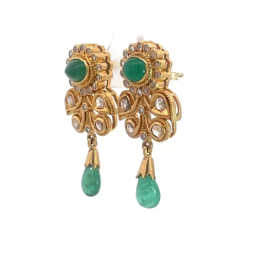 EMERALD DIAMOND GOLD EARRINGS 21K FLORAL DANGLE STYLE (1 of 2)