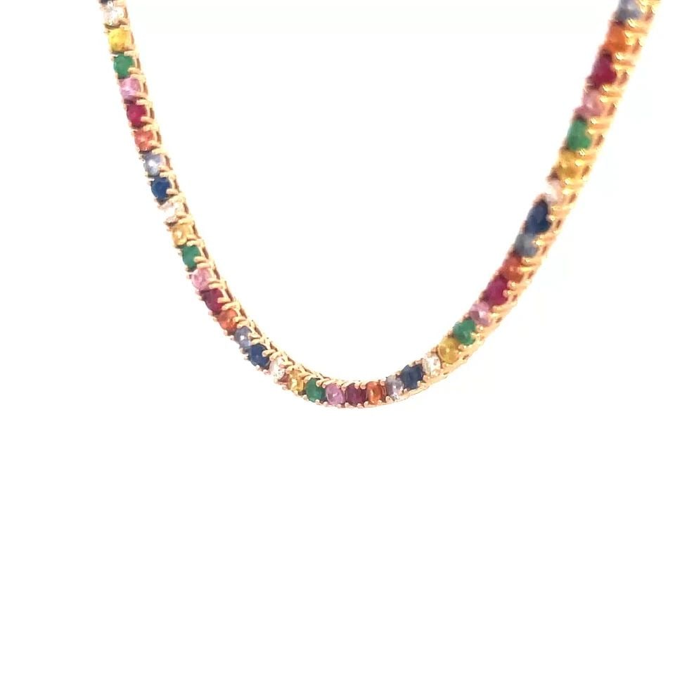 DIAMOND GEMSTONE GOLD NECKLACE 18K ROSE LINE TENNIS STYLE: DIAMOND GEMSTONE GOLD NECKLACE 18K ROSE LINE TENNIS STYLE This is a lovely and colorful tennis necklace; it features a stunning mixture of diamonds with colorful gemstones in prong setting. The neckla
