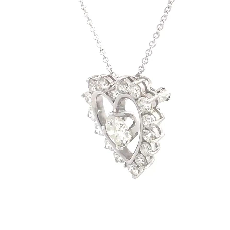DIAMOND GOLD HEART PENDANT/PIN 18K CHAIN NECKLACE 14K WHITE 3 CARAT: DIAMOND GOLD HEART PENDANT/PIN 18K CHAIN NECKLACE 14K WHITE 3 CARAT This gorgeous heart pendant or brooch is crafted from 14k white gold and comes with a sturdy oval link 18k white gold chain. The hea