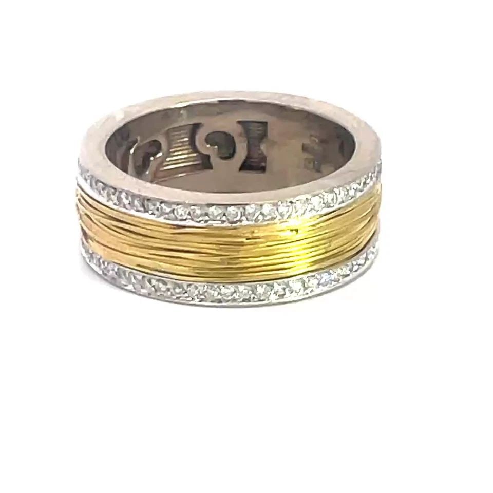 PASQUALE BRUNI DIAMOND GOLD BAND 18K TWO TONE PAVE SET BORDER: Elegant and authentic by Pasquale Bruni, this wide band is crafted from 18k yellow and white gold featuring the lovely pave set diamond border on white gold edge with fine yellow gold wire wrapped aro