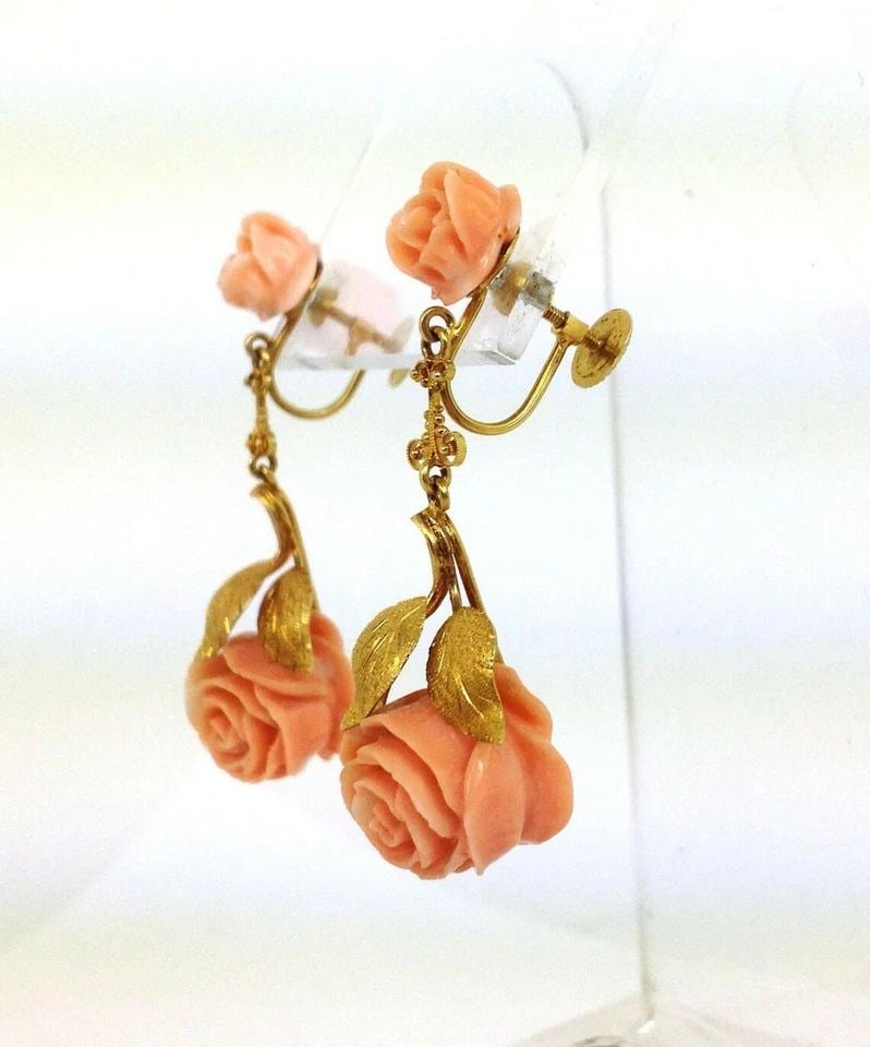 VINTAGE CARVED CORAL ROSE 14K YELLOW GOLD DANGLE EARRINGS LIQUIDATION (1 of 2)