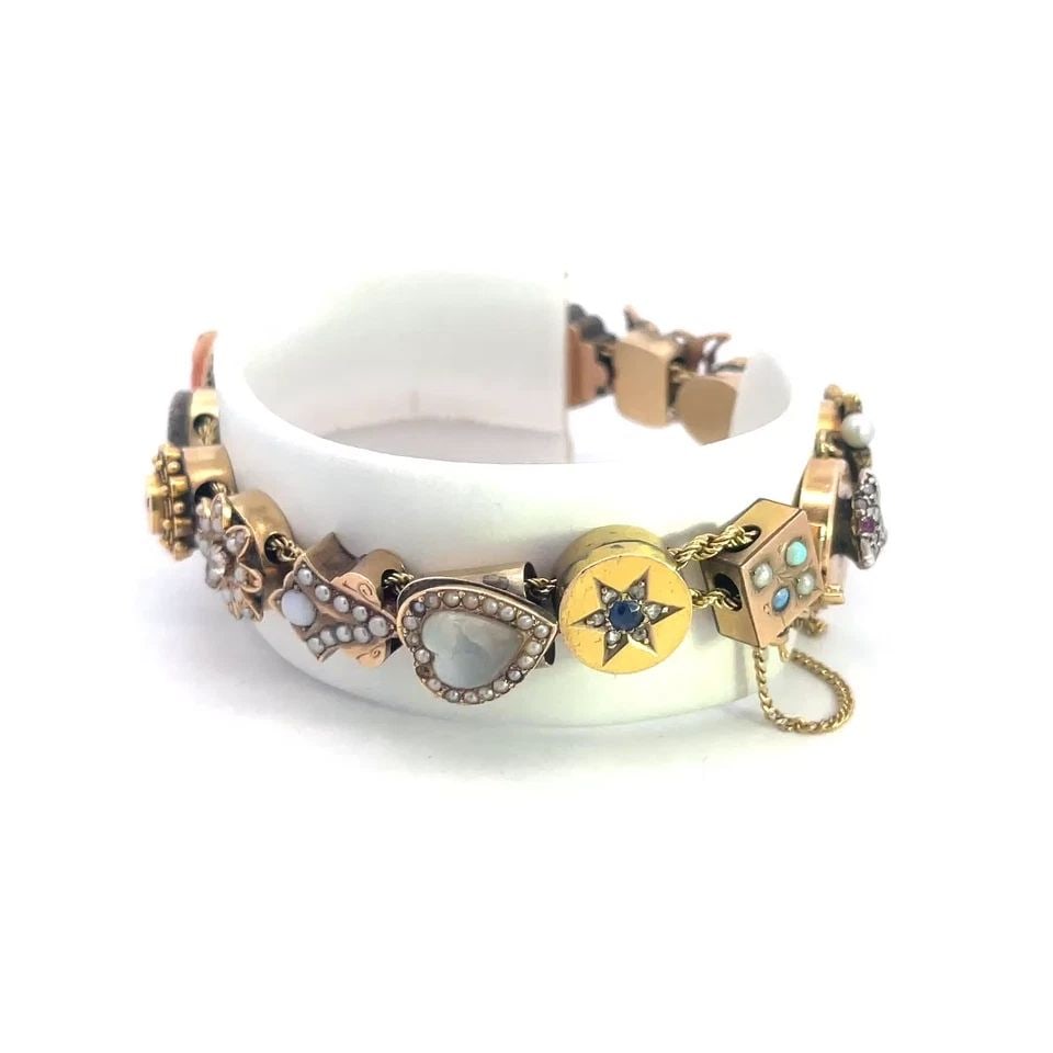 VICTORIAN SLIDE CHARMS GOLD BRACELET 15 ASSORTED SIZE & SHAPE DIAMOND & GEM (1 of 2)