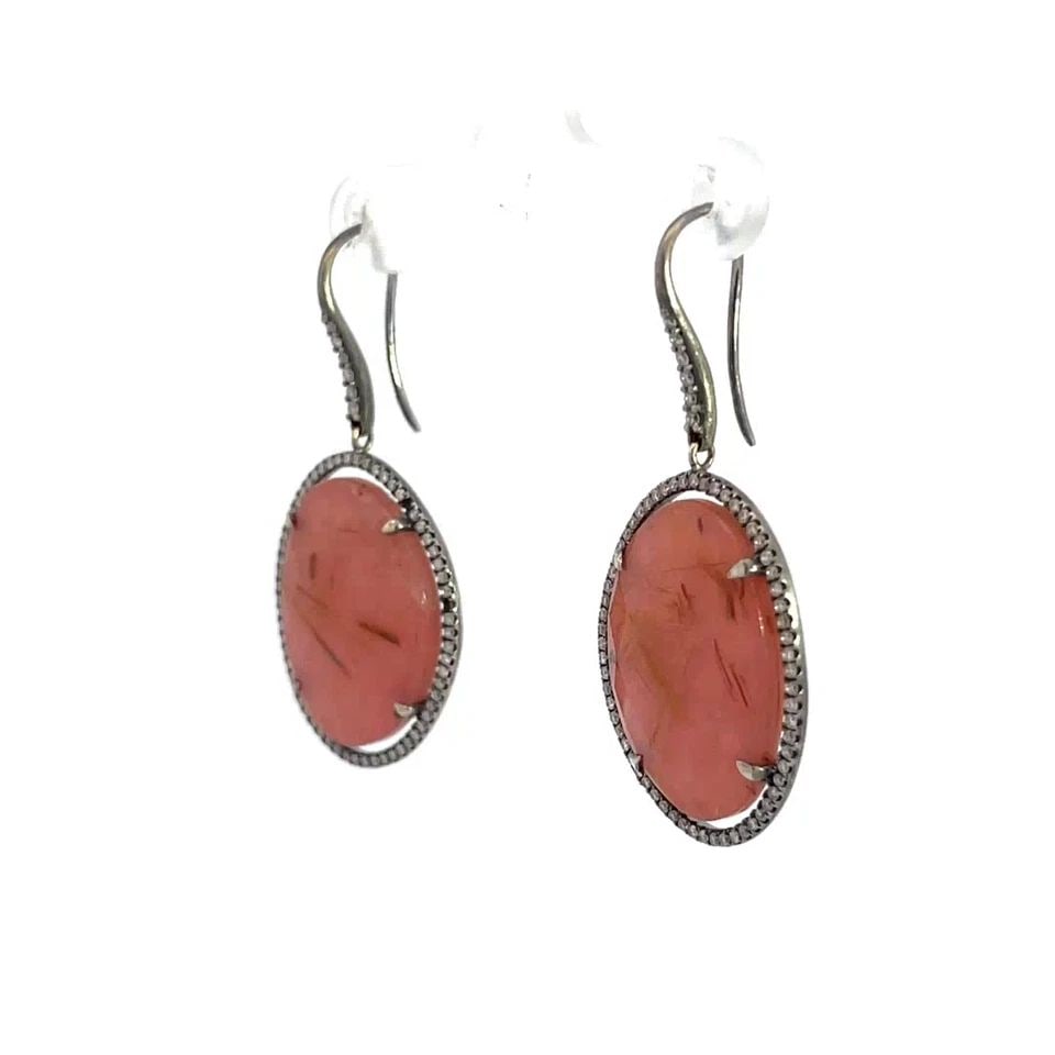 PINK QUARTZ DIAMOND 18K WHITE GOLD HOOK DANGLE EARRINGS (1 of 1)