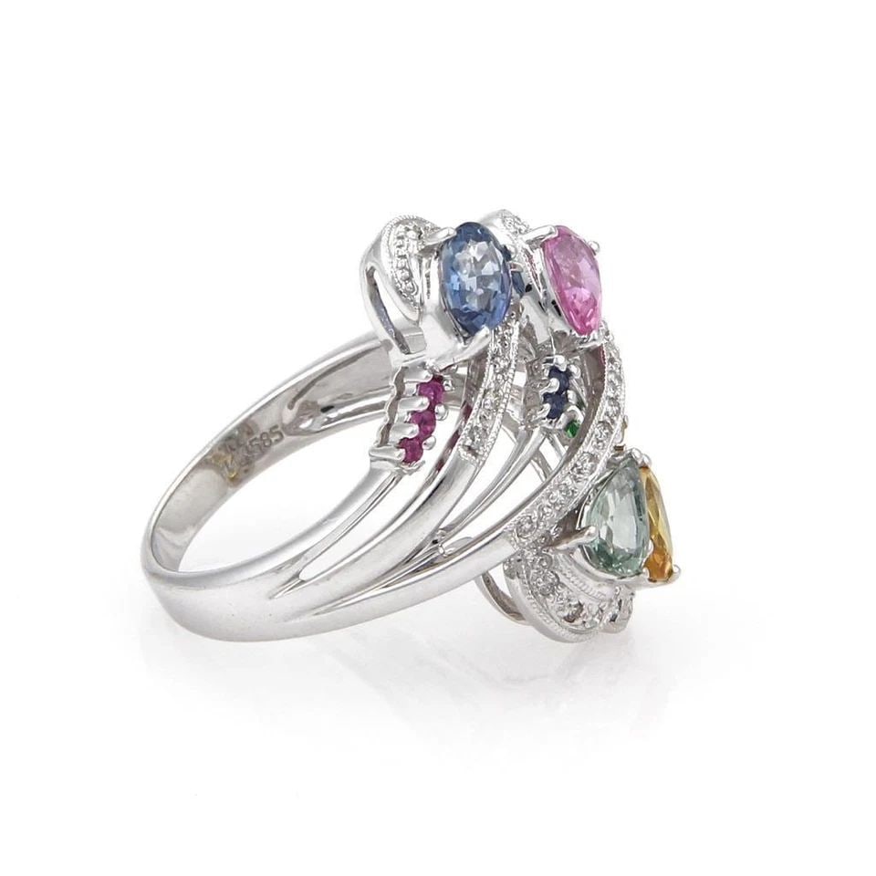 14K WHITE GOLD DIAMOND MULTICOLOR SAPPHIRE FANCY EARRINGS & RING SET (1 of 2)