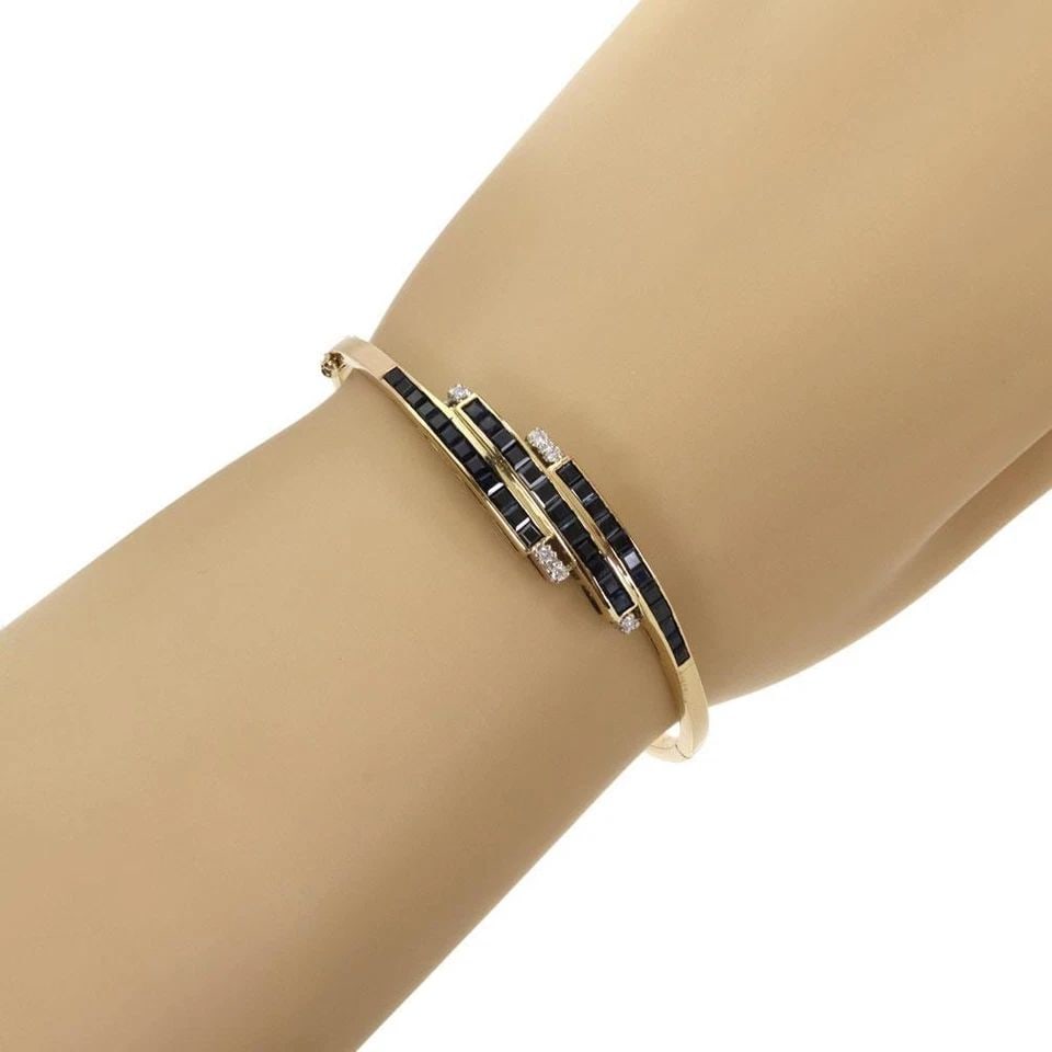 14K SAPPHIRE & DIAMOND BANGLE BRACELET 3 ROWS YELLOW GOLD (1 of 2)