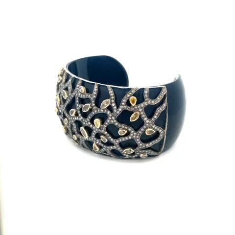 DIAMOND GOLD ONYX 2.5CT YELLOW & SILVER LEAF VINE BEZEL WIDE CUFF BRACELET (1 of 2)