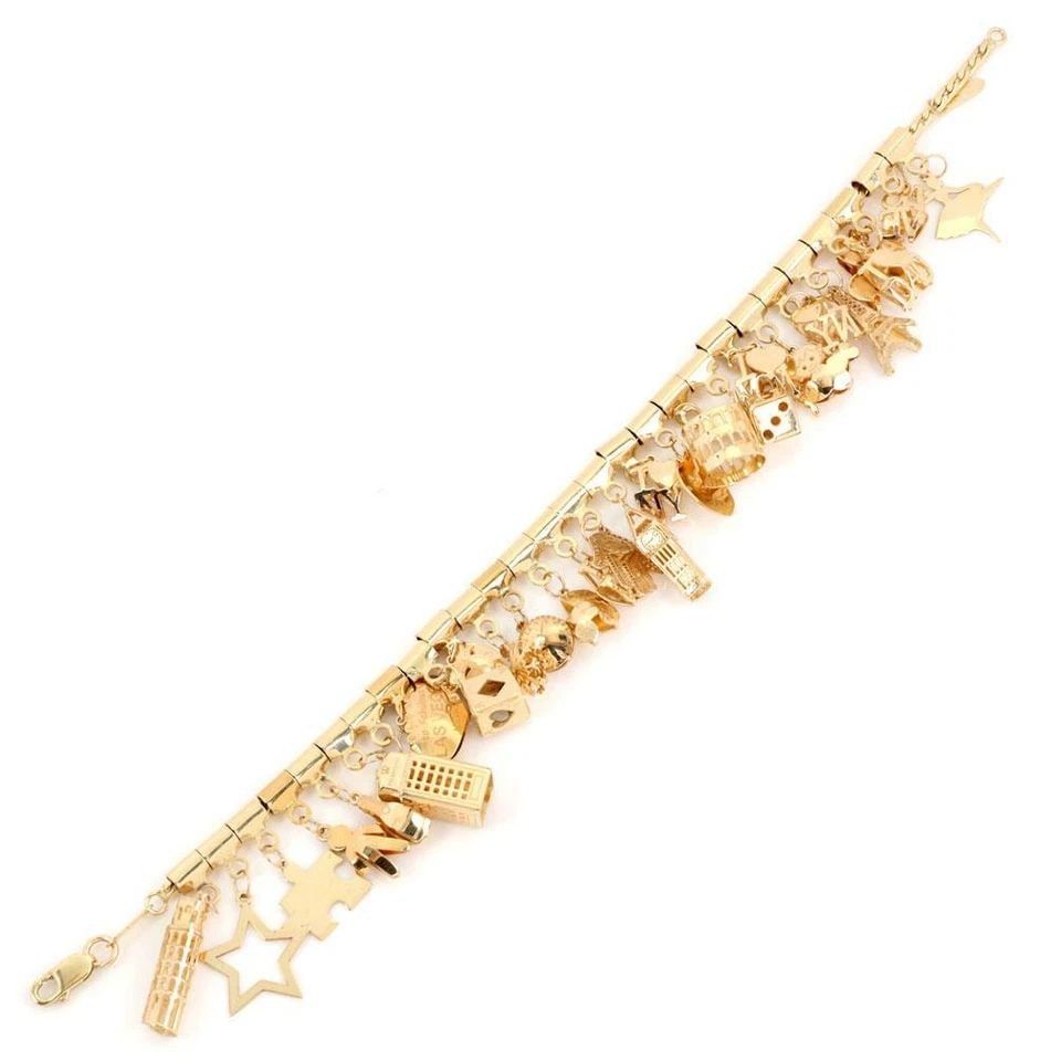 14K YELLOW GOLD ASSORTED MULTI-CHARMS CHAIN BRACELET LIQUIDATION! (1 of 2)