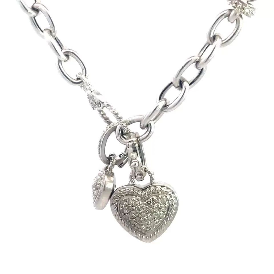 DIAMOND GOLD NECKLACE 14K WHITE HEART CHARMS OVAL CHAIN: DIAMOND GOLD NECKLACE 14K WHITE HEART CHARMS OVAL CHAIN The chic fashionable necklace features a beautiful white oval link chain with round diamond links attached to some of the oval links, it comes w