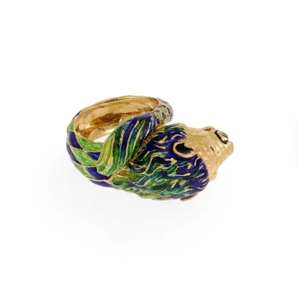 ESTATE 18K YELLOW GOLD ENAMEL LION HEAD BYPASS RING SIZE 5 LIQUIDATION (1 of 2)