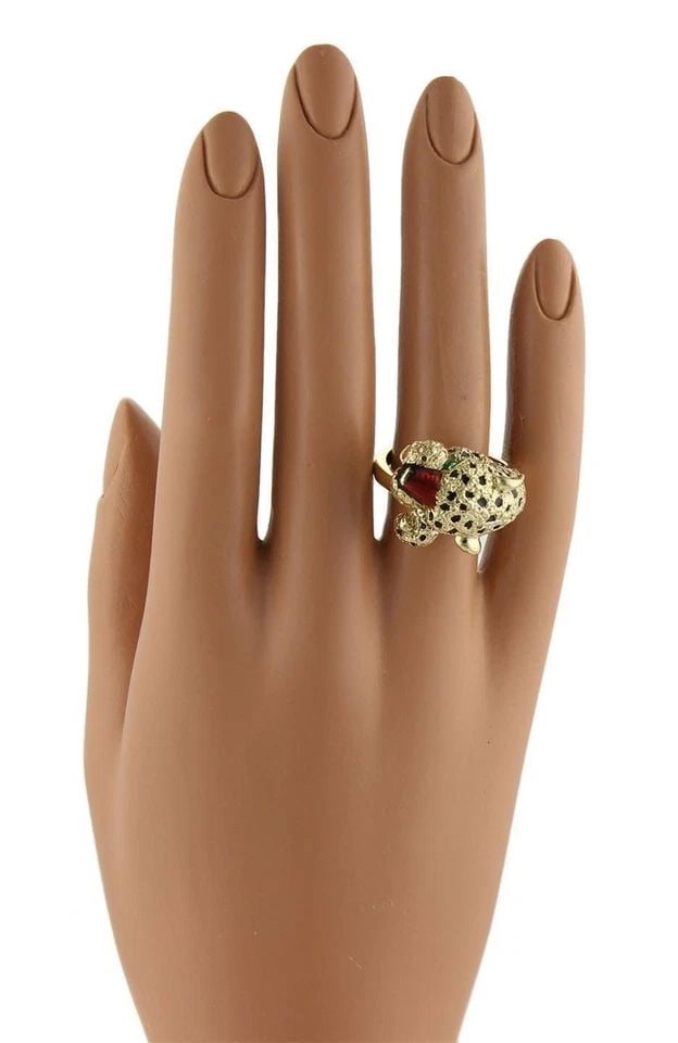 18K YELLOW GOLD ENAMEL HEFTY PANTHER HEAD & TAIL BYPASS RING LIQUIDATION (1 of 2)