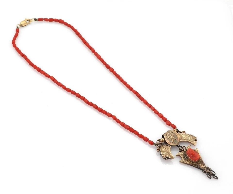 EDWARDIAN 14KT YELLOW GOLD FIRE CORAL CAMEO PENDANT BEAD NECKLACE LIQUIDATION (1 of 2)