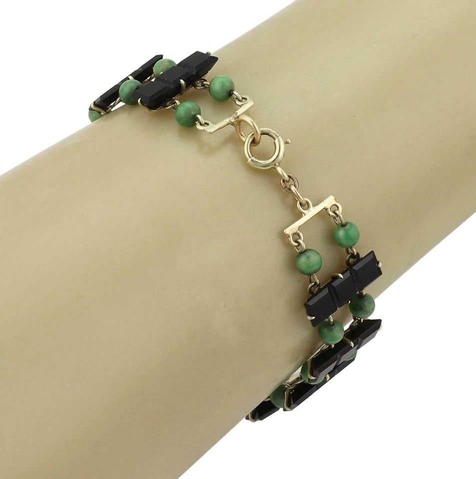 VICTORIAN 14K YELLOW GOLD JADE & ONYX BEAD BRACELET LIQUIDATION! (1 of 1)