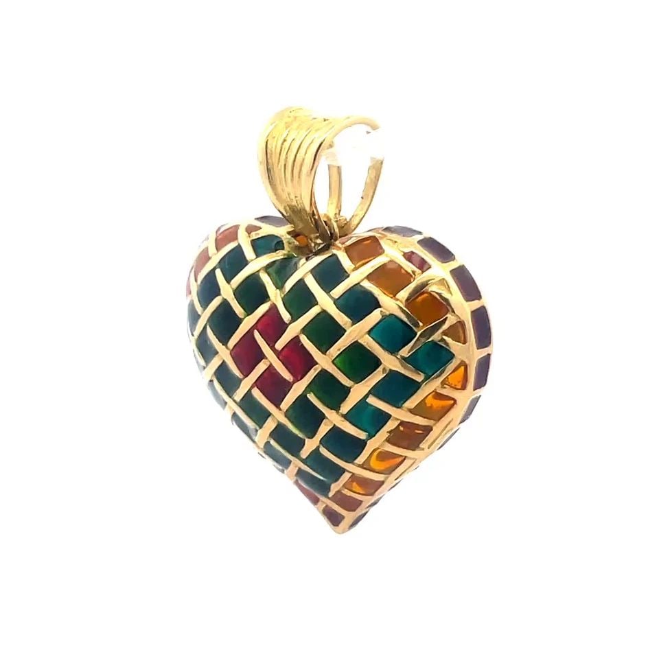 GOLD ENAMEL PUFFED HEART PENDANT 18K YELLOW MULTICOLOR CHECKERBOARD STYLE: GOLD ENAMEL PUFFED HEART PENDANT 18K YELLOW MULTICOLOR CHECKERBOARD STYLE This gorgeous vintage pendant is crafted from 18k yellow gold featuring a hallowed puffed shape curved heart with checkerboard