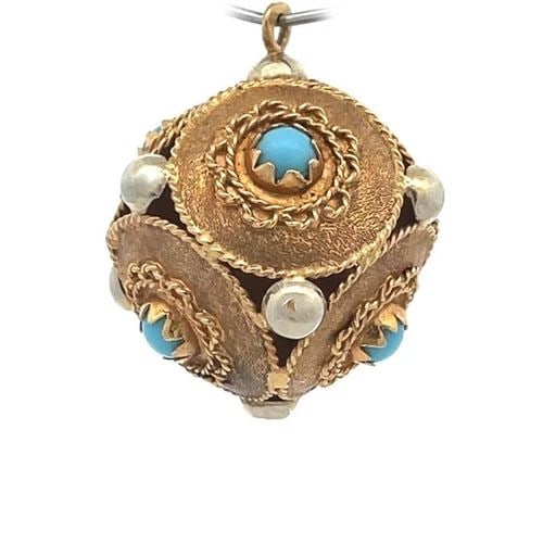 VINTAGE 18K YELLOW WHITE GOLD BLUE STONE BALL FOB PENDANT: VINTAGE 18K YELLOW WHITE GOLD BLUE STONE BALL FOB PENDANT This is a unique vintage fob pendant, it is crafted from 18k yellow and white gold featuring round shape discs with a blue stone set in the ce
