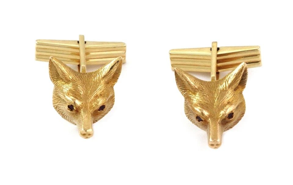 VINTAGE GOLD CUFFLINKS 14K YELLOW 3D FOX HEAD STUD (1 of 1)