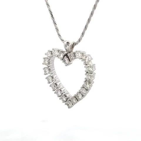 OPEN DIAMOND HEART PENDANT 2CT 14K WHITE GOLD NECKLACE VINTAGE: OPEN DIAMOND HEART PENDANT 2CT 14K WHITE GOLD NECKLACE VINTAGE This beautiful old fashion style pendant and chain are crafted from 14k white gold featuring an open heart with round cut prong set spark