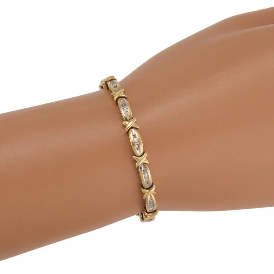 ESTATE BRACELET 1CT DIAMOND 14K YELLOW GOLD BAR & X LINK: ESTATE BRACELET 1CT DIAMOND 14K YELLOW GOLD BAR & X LINK Estate 1ct Diamond 14k Yellow Gold Bar & X Link Bracelet - Description This elegant 14k yellow gold bracelet is 5mm wide and has alternating cu