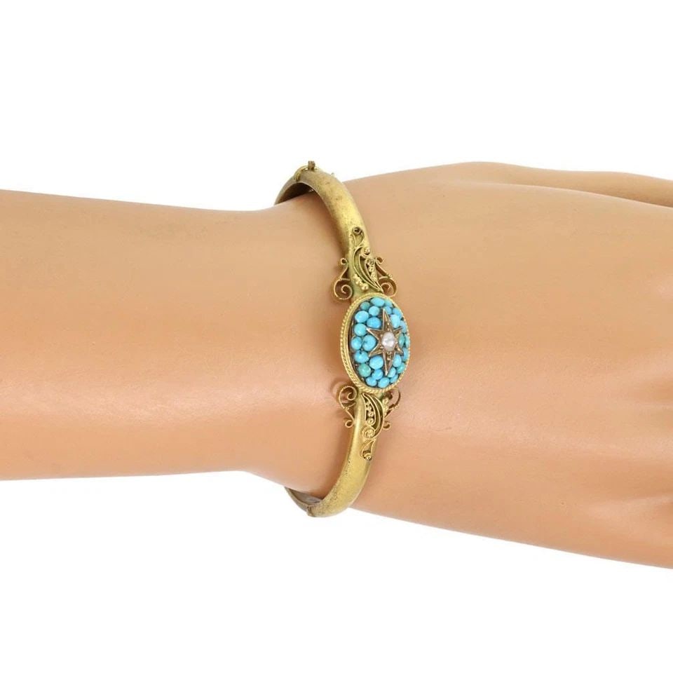 VICTORIAN TURQUOISE 15K BRACELET YELLOW GOLD DOME BANGLE (1 of 2)