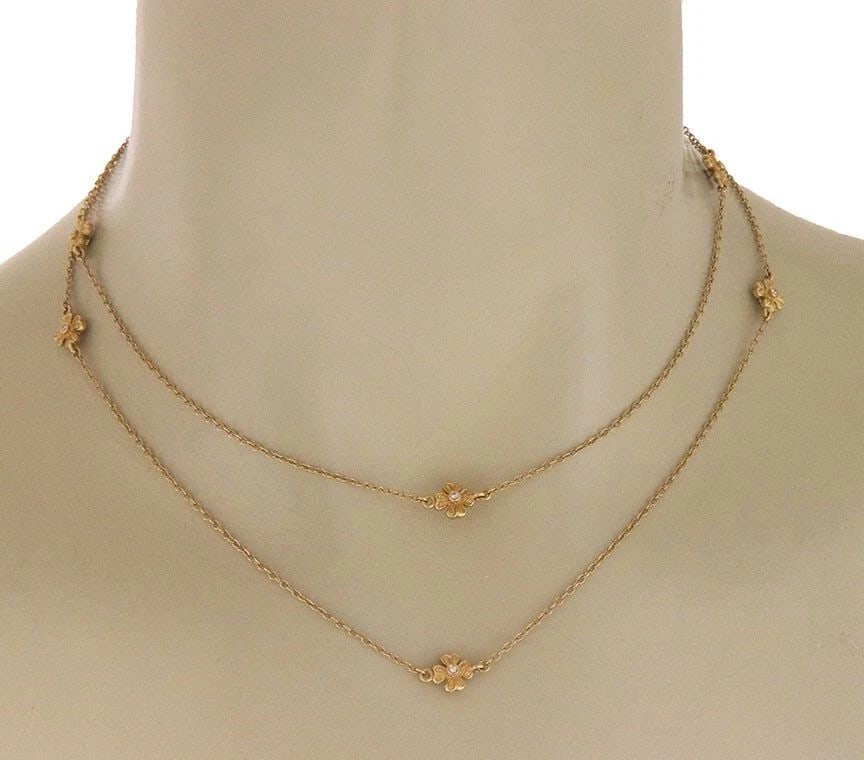 DIAMOND GOLD NECKLACE 18K YELLOW FLORAL MOTIF LONG CHAIN FLEUR DE LIS 32" LONG (1 of 2)
