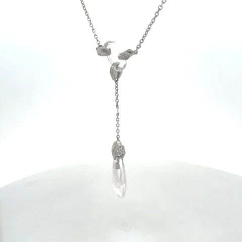 DIAMOND 18K WHITE GOLD CLEAR QUARTZ PENDANT LARIAT NECKLACE BY S.COLEE: DIAMOND 18K WHITE GOLD CLEAR QUARTZ PENDANT LARIAT NECKLACE BY S.COLEE This lovely, signed necklace is by S.Colee, it is crafted from 18k white gold featuring a lariat style with an open style clear q