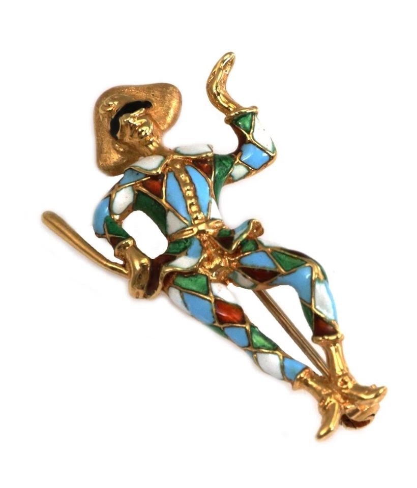 ENAMEL CLOWN BROOCH 18K YELLOW GOLD COURT JESTER VINTAGE MULTICOLOR (1 of 2)