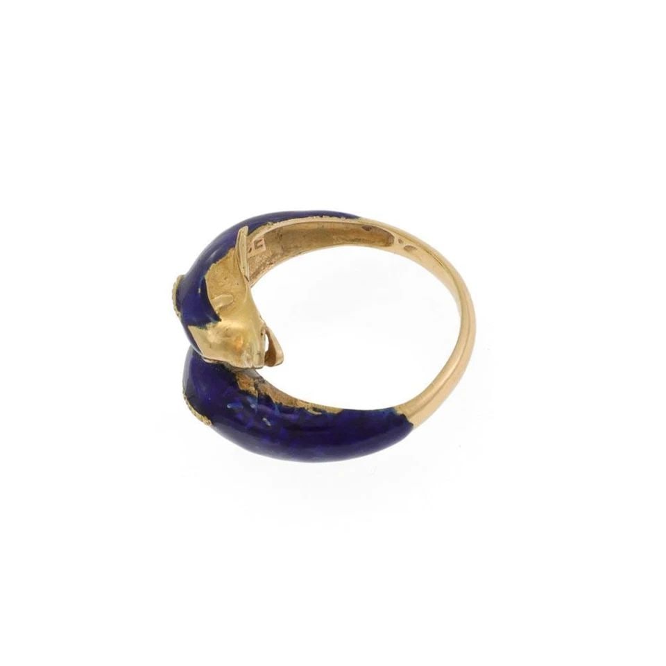 VINTAGE GREECE 18K YELLOW GOLD ENAMEL 2 DOLPHINS BYPASS RING - LIQUIDATION! (1 of 2)