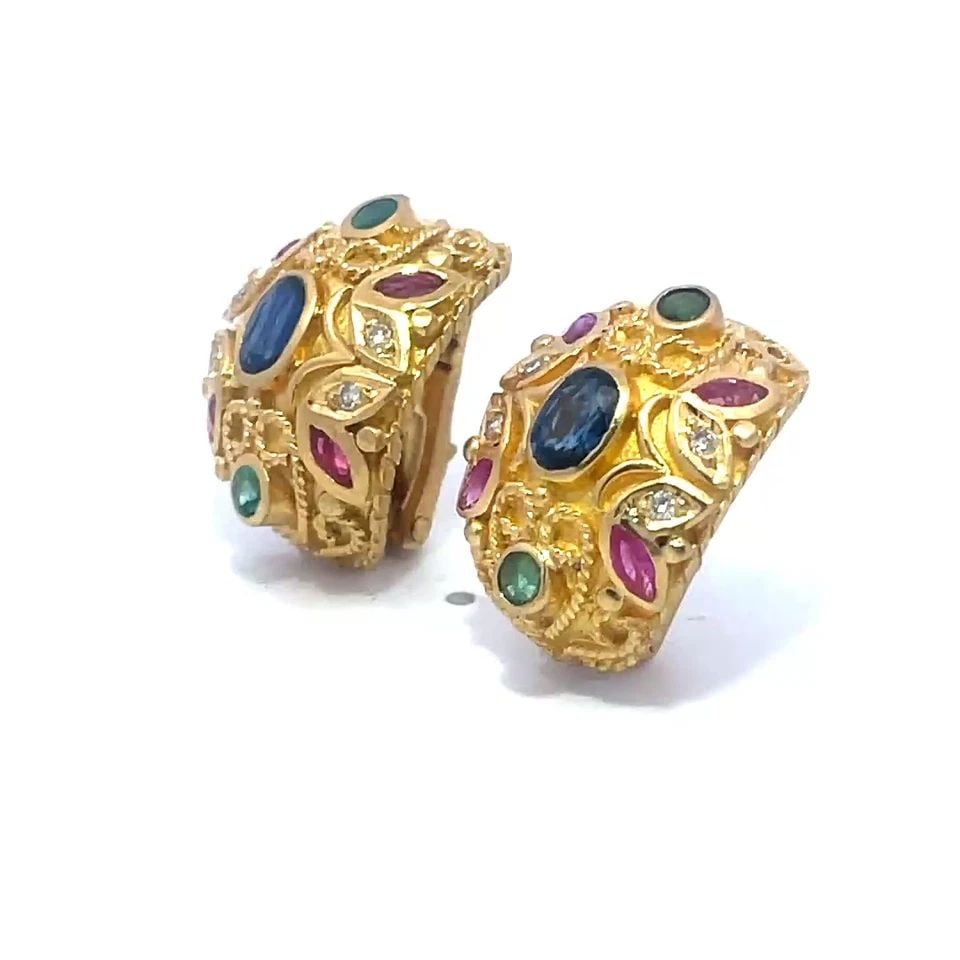 DIAMOND GOLD EARRINGS 18K YELLOW MULTICOLOR GEMS CLIP ON HUGGIE STYLE (1 of 2)