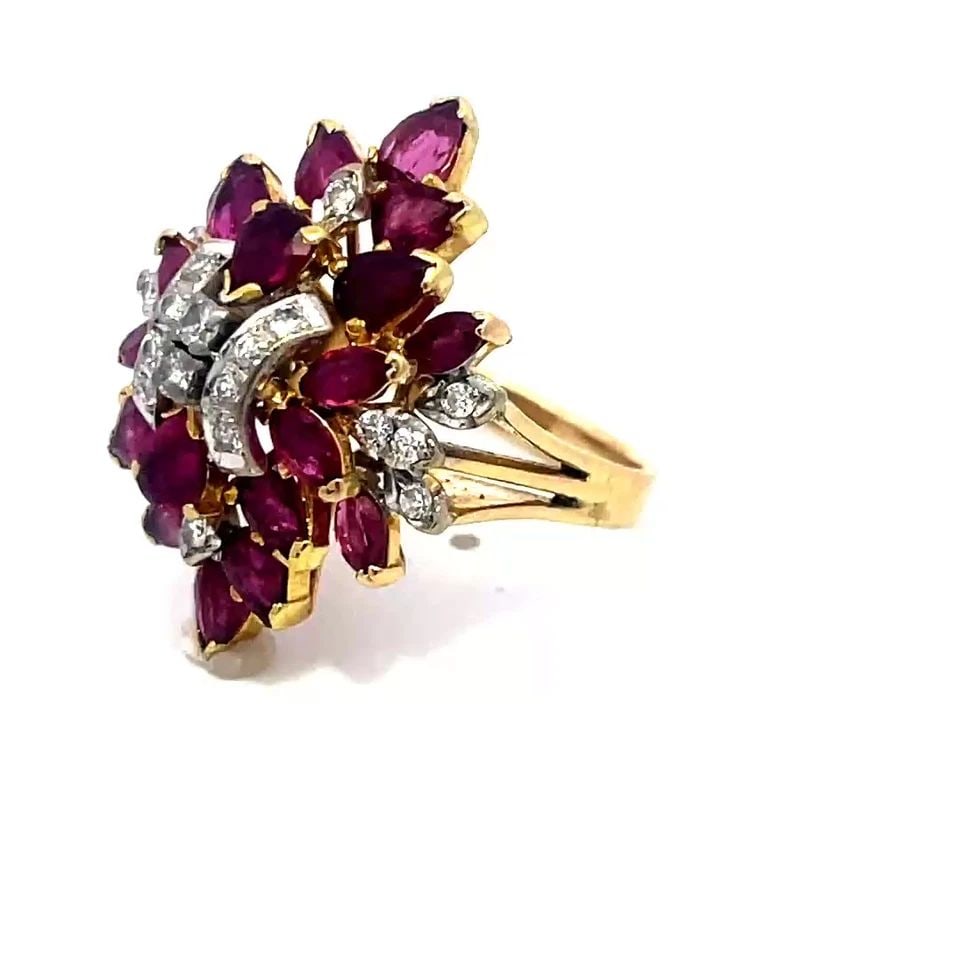 DIAMOND RUBY GOLD RING 18K YELLOW CLUSTER LONG TOP DOME STYLE (1 of 2)