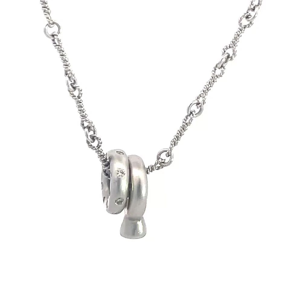 DIAMOND GOLD NECKLACE 18K WHITE 2 ENHANCER TWIST LINK CHAIN: This lovely gold necklace is a piece of fine jewelry featuring 2 circle and key link enhancers with diamonds set in 18k white gold. This necklace necklace has a twist wire link chain design with a lob