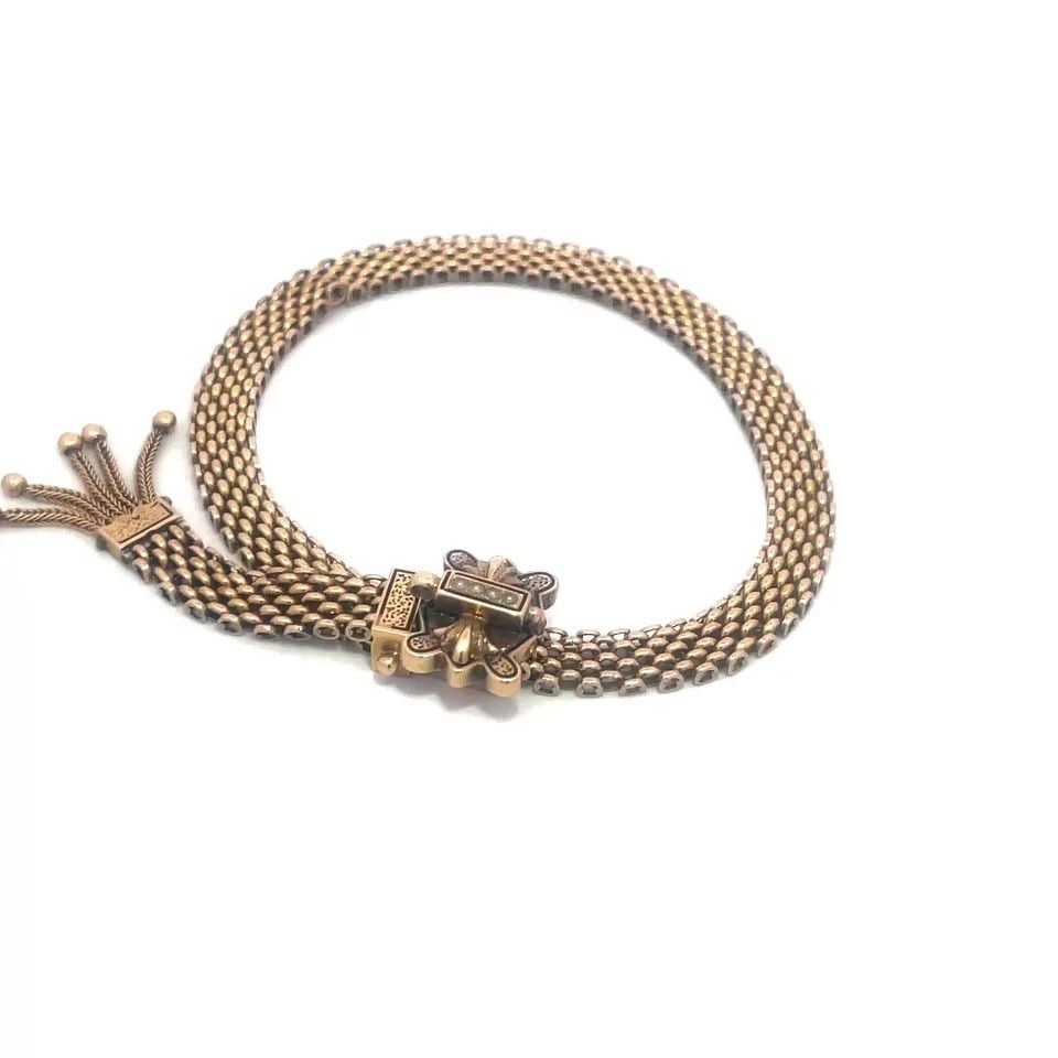 VICTORIAN GOLD MESH BRACELET SEED PEARLS 13-14K BELT TASSEL CLASP (1 of 1)
