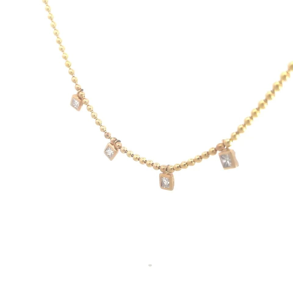 DIAMOND GOLD CHARMS NECKLACE BEADED 14K YELLOW PRINCESS CUT BEZEL SET: This beautiful beaded chain is crafted from 14k yellow gold and has 4 dangling square shape 12k yellow gold charms, each with a bezel set princess cut diamonds. The necklace has a lobster closure and 