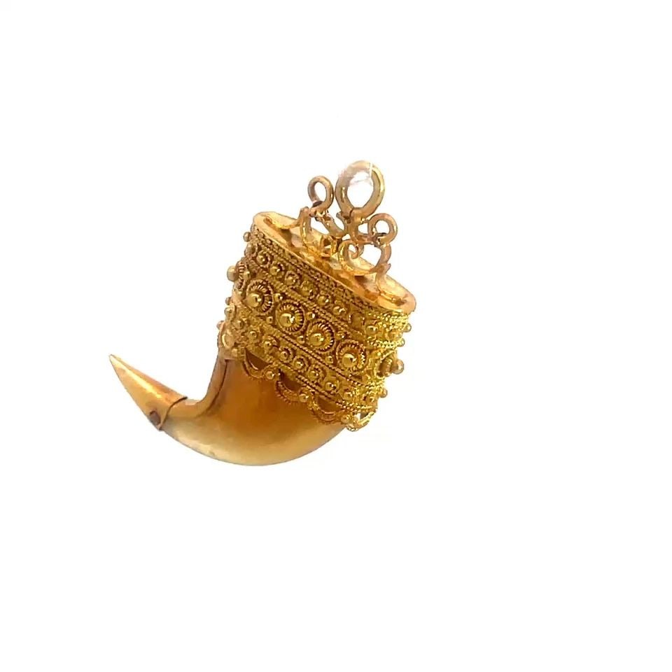 GOLD FILIGREE CLAW PENDANT 18K YELLOW BONE ETRUSCAN VINTAGE DESIGN (1 of 2)