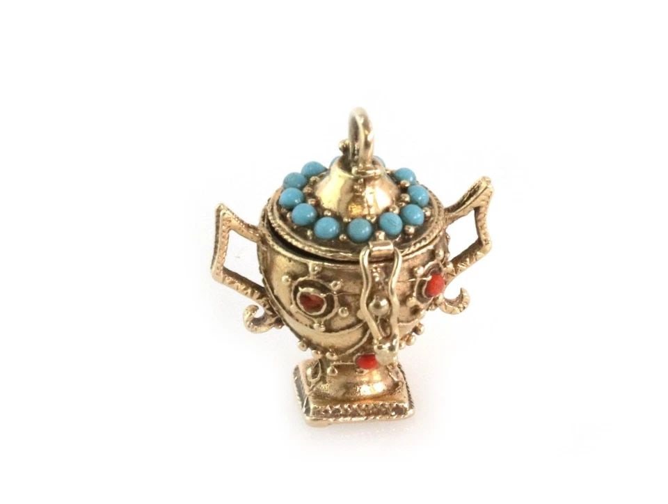 VINTAGE CORAL TURQUOISE 14K YGOLD TROPHY CUP PILL BOX PENDANT LIQUIDATION! (1 of 2)