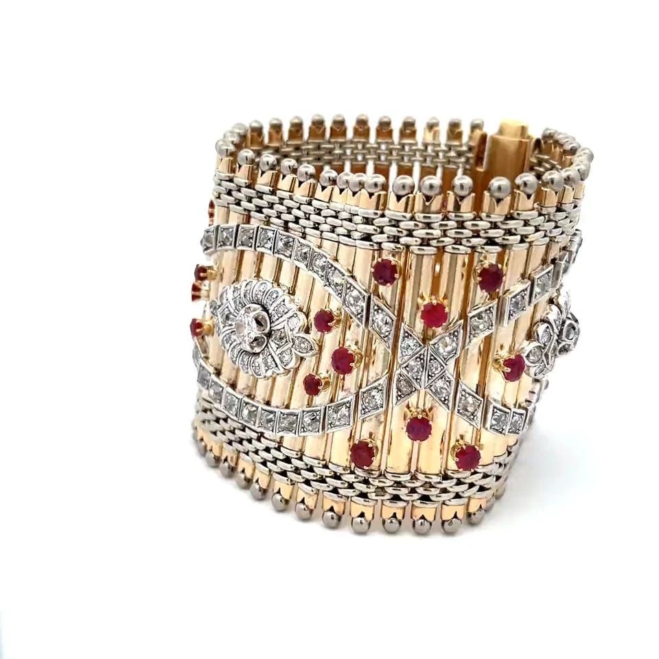 LARGE 9.5CT DIAMOND RUBIES 18K TWO TONE GOLD LINK WIDE BRACELET 2.2" WIDE 196GR (1 of 1)