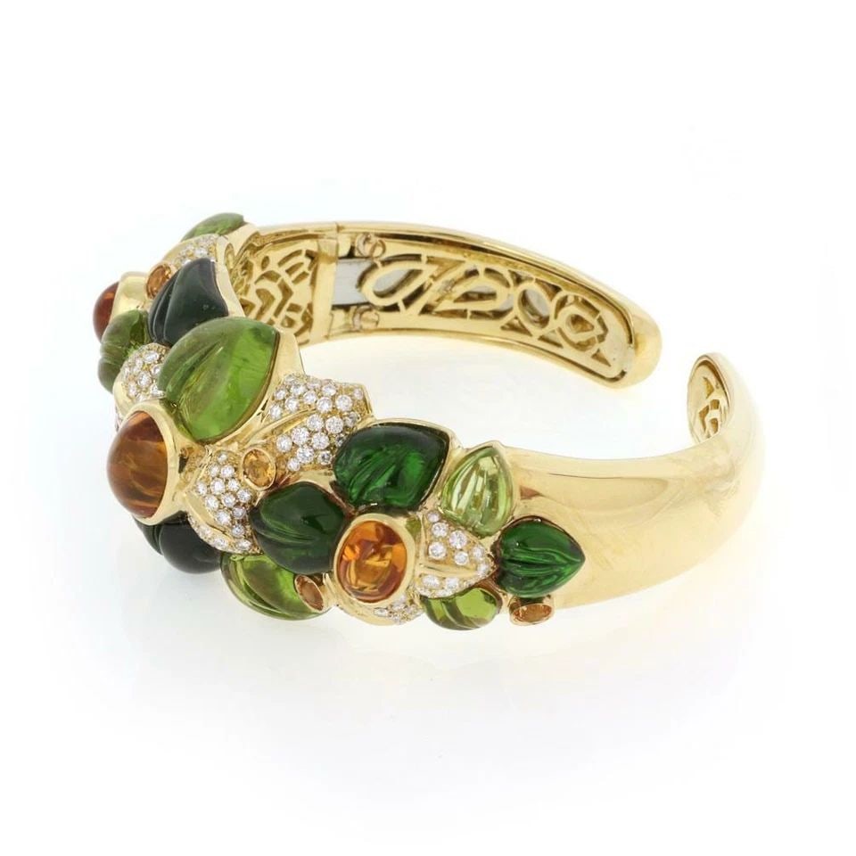 68CT DIAMOND PERIDOT & TOURMALINE 18K YELLOW GOLD LARGE FLORAL CUFF BRACELET (1 of 2)