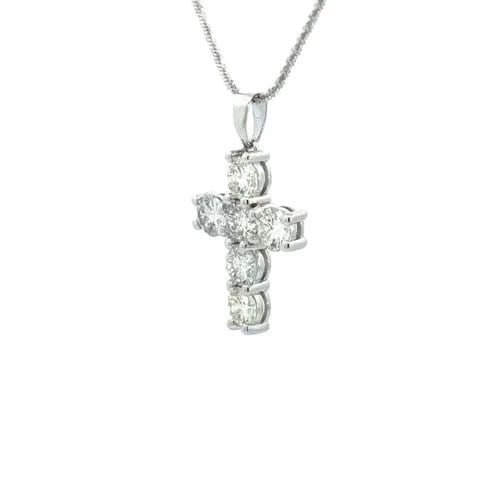 DIAMOND CROSS 18K WHITE GOLD 5.85 CARAT !4K CHAIN NEW: This is a NEW beautiful pendant and chain. The pendant is crafted from 18k white gold featuring a Cross with 6 brilliant round cut diamonds, all with an approximate weight of 5.85 carats Each diamond 