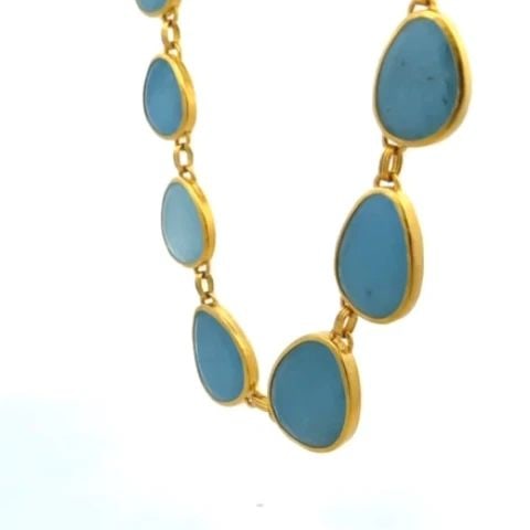 GURHAN 24K GOLD AQUAMARINE GRADUATED PEBBLE LINK COLLAR NECKLACE: GURHAN 24K GOLD AQUAMARINE GRADUATED PEBBLE LINK COLLAR NECKLACE This is an authentic collar necklace by Gurhan, it is crafted from 24k yellow gold featuring graduated bezel set pebble shaped aquamari