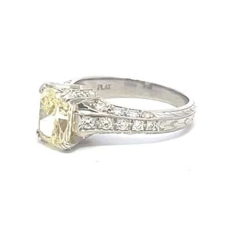 ENGAGEMENT RING RADIANT DIAMOND FANCY LIGHT YELLOW NATURAL 2.37CT PLATINUM GIA: ENGAGEMENT RING RADIANT DIAMOND FANCY LIGHT YELLOW NATURAL 2.37CT PLATINUM GIA This stunning engagement ring is crafted from platinum by Fusaro Jewelry, it features a magnificent modified radiant cut 