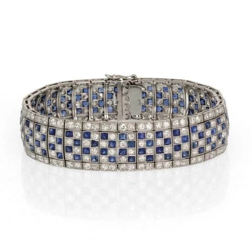 ART DECO 15CT OLD MINE CUT DIAMOND FRENCH CUT SAPPHIRE PLATINUM BRACELET (1 of 1)