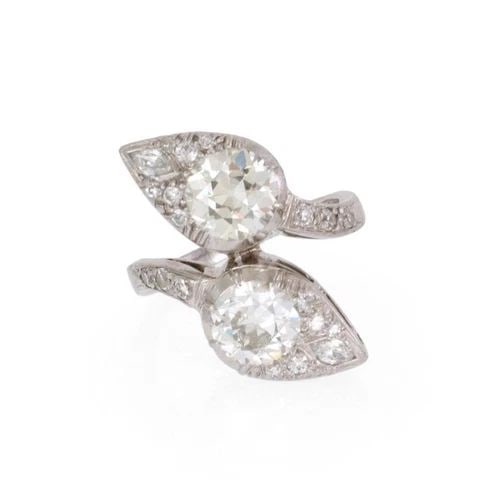 PLATINUM ART DECO RING OLD MINE SPEAR HEAD BYPASS DOUBLE SOLITAIRE (1 of 1)