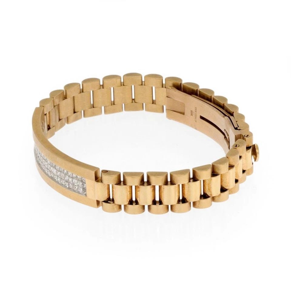 INVISIBLE SET 3.3CT PRINCESS CUT DIAMOND ID BAR 18K GOLD FLEX LINK BRACELET: INVISIBLE SET 3.3CT PRINCESS CUT DIAMOND ID BAR 18K GOLD FLEX LINK BRACELET Invisible Set 3.3ct Princess Cut Diamond ID Bar 18k Gold Flex Link Bracelet Description This is an eye catching men's diamon