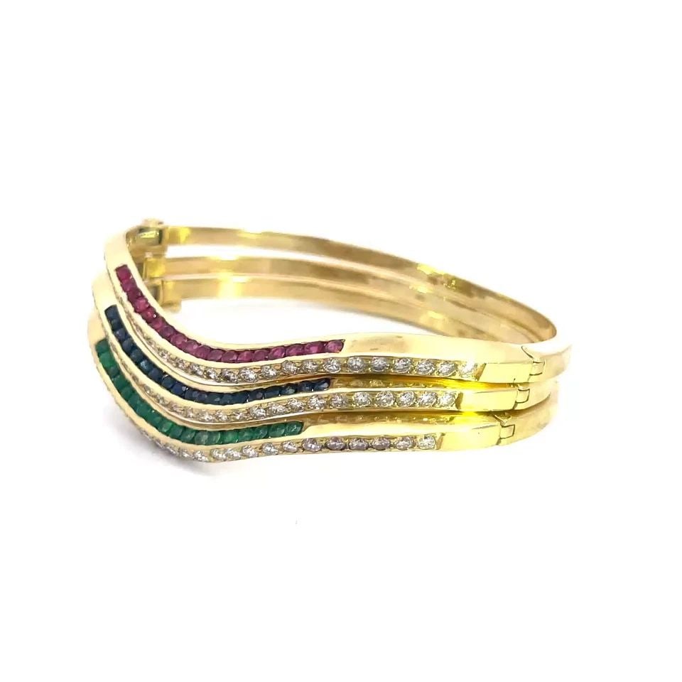 DIAMOND & GEMS GOLD BANGLES 18K YELLOW SET OF 3 HINGE BAND WAVE DESIGN (1 of 2)