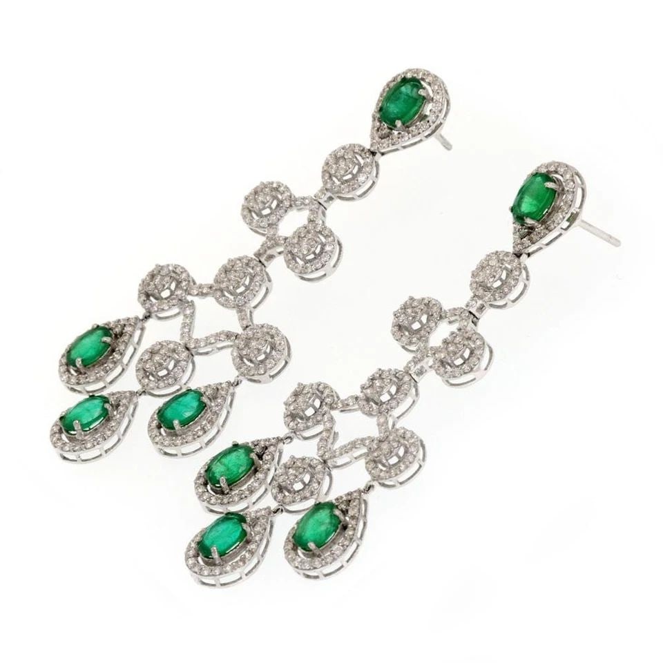DIAMOND & GEMSTONES EARRINGS 18K WHITE GOLD CHANDELIER ESTATE (1 of 2)