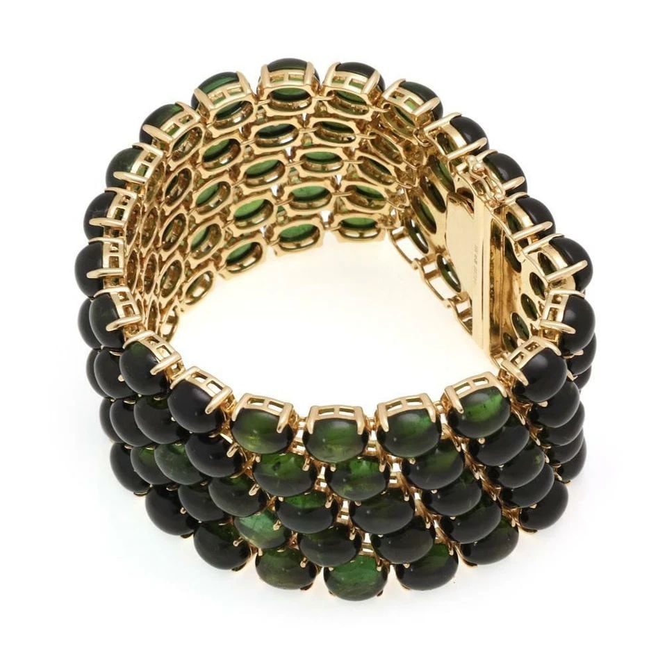 STUNNING 315 CARATS OVAL GREEN TOURMALINE 18K YELLOW GOLD WIDE BRACELET (1 of 2)