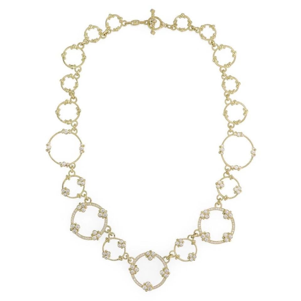 JUDITH RIPKA NECKLACE 5 CARAT DIAMOND 18K YELLOW GOLD FLORAL CIRCLE LINK: JUDITH RIPKA NECKLACE 5 CARAT DIAMOND 18K YELLOW GOLD FLORAL CIRCLE LINK Judith Ripka 5 carat Diamond 18k Yellow Gold Floral Circle Link Necklace Description This beautiful authentic necklace by desig