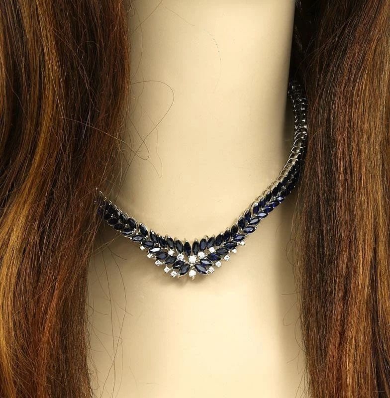 DIAMOND SAPPHIRE GOLD NECKLACE 18K WHITE FLORAL GRADUATED COLLAR STYLE (1 of 2)